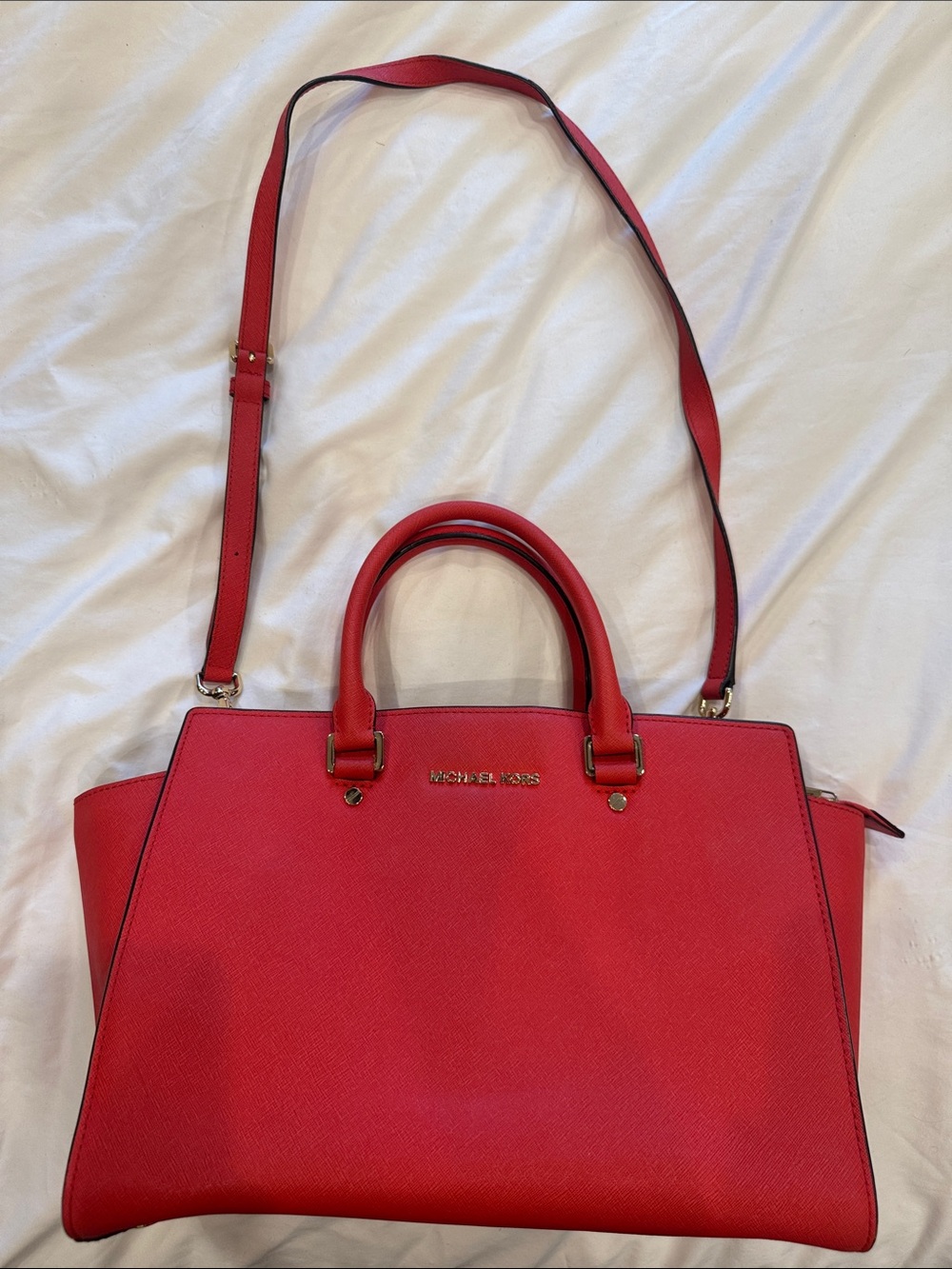 Michael Kors Bright Red Saffiano Satchel with Detachable Strap